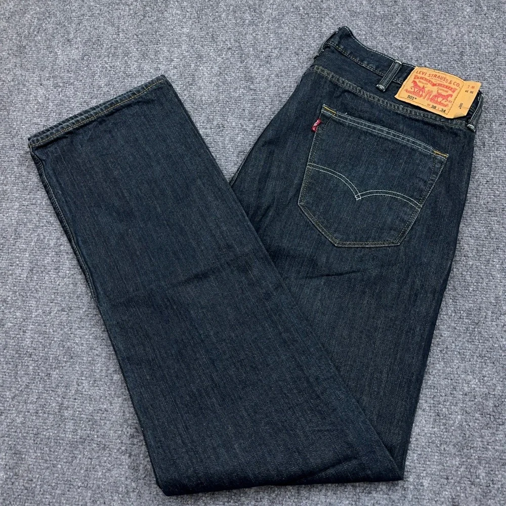 Levis 501 Original Fit Jeans Mens 38x34 Dark Indigo Dimensional Rigid Button Fly